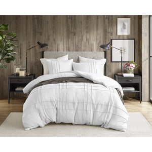 JLA Home Comfort Spaces - Soft Washed Pleated Duvet Cover Set with OEKO-TEX Soft Microfiber, Grid Pinch-Pleat, Button Closure, Breathable Comfort for Year-Round Use White AM12-0040