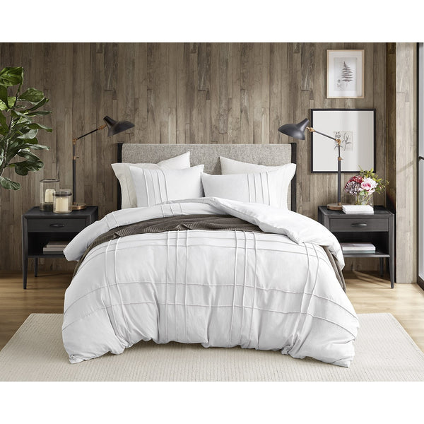 JLA Home Comfort Spaces - Soft Washed Pleated Duvet Cover Set with OEKO-TEX Soft Microfiber, Grid Pinch-Pleat, Button Closure, Breathable Comfort for Year-Round Use White AM12-0040