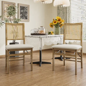 English Elm Scandinavian Solid Wood Dining Chairs with Woven Rattan Back Cushioned Seat Set of 2 W395P317025