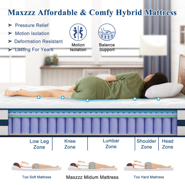 English Elm Queen Hybrid Mattress 12 Inch Pocketed Coils Memory Foam Pressure Relief Sleep B2716P329747
