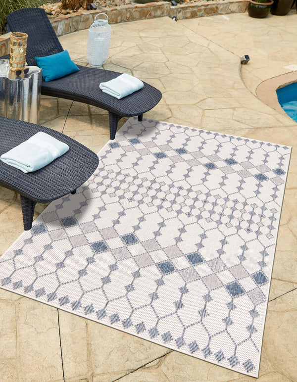 Unique Loom Outdoor Trellis Traliccio Machine Made Trellis Rug Ivory, Navy Blue 7' 10" x 11' 0"