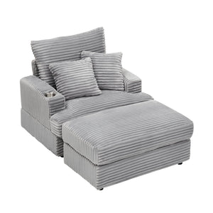 English Elm 39-inch Spring Corduroy Armchair and Ottoman Set with Cup Holder, Plush Sponge Cushions, 350lb Support Gray W1658S00045