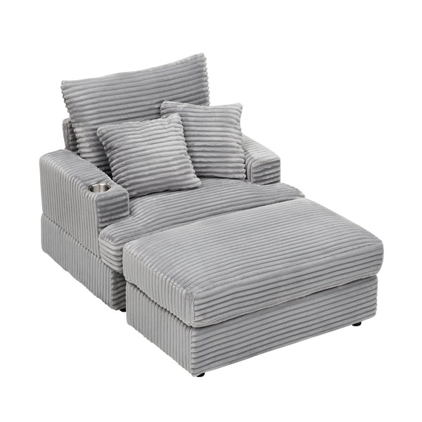 English Elm 39-inch Spring Corduroy Armchair and Ottoman Set with Cup Holder, Plush Sponge Cushions, 350lb Support Gray W1658S00045