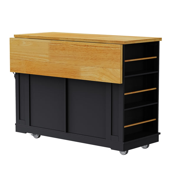 English Elm K&K 48in Kitchen Island Set with 2 Stools, Built-In Power Station, Drop Leaf & Ample Storage Space Black N707S000015B