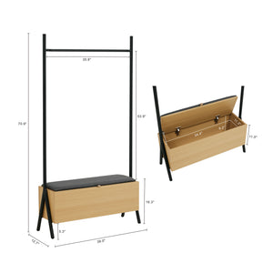 English Elm Paloma 38" Open Hanging Closet with Lift-Top Linen Bench, Light Oak, Black Rod, 2-Seat Storage Elegance B365S00136