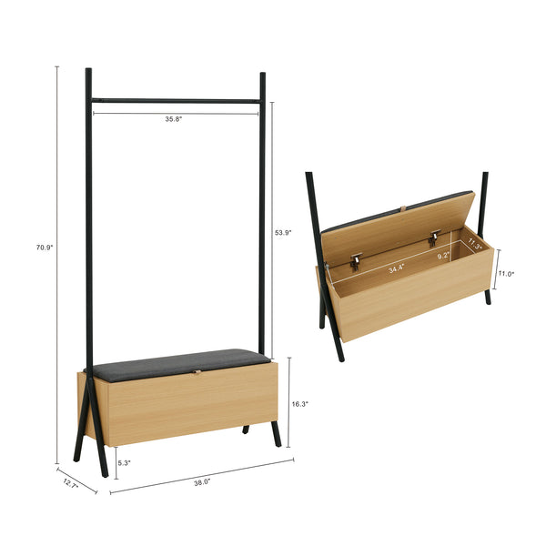 English Elm Paloma 38" Open Hanging Closet with Lift-Top Linen Bench, Light Oak, Black Rod, 2-Seat Storage Elegance B365S00136
