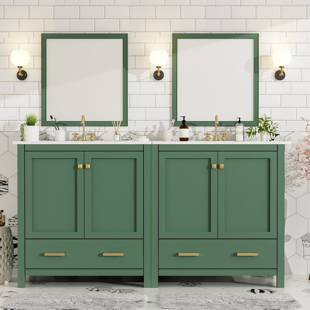 English Elm 60" Green Bathroom Vanity Set with Double Ceramic Sinks, Solid Wood Storage, Soft-Close Doors, Modern Durable Design N729P000001F