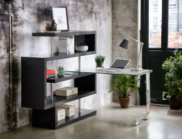 English Elm Buck Modern Buck Glass Writing Desk with Chrome High-Gloss Frame, 360° Swivel, Shelves & Wheels Black 51 L x 28 W x 4.5 H B2726S00026