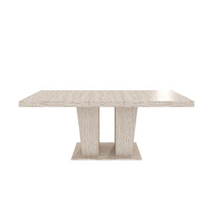English Elm Rectangular extendable dining table with veined travertine top, beige MDF, sturdy wide feet, 6-10 seats W1347S00018