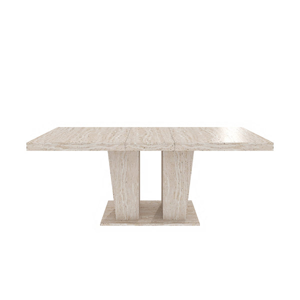 English Elm Rectangular extendable dining table with veined travertine top, beige MDF, sturdy wide feet, 6-10 seats W1347S00018