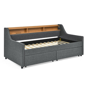 English Elm Twin Size Upholstery Sofa Bed With Led Lights & Storage Drawers, Wireless Charging, Grey Linen Design W1413S00055-GIGA
