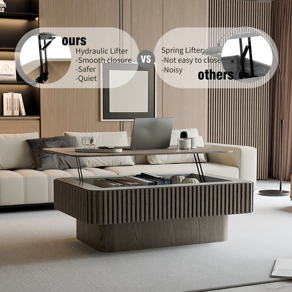 English Elm 38.6'' Fluted Lift Top Coffee Table Wood Veneer Hidden Storage Modern Living Room W1435P337635