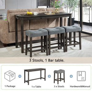 English Elm 4 Piece Bar Table Set with Power USB Type-C Outlet, Dark Gray Rustic Wood Grain Top, 3 Padded Stools for Living Room Dining Comfortable Seating and Durable Rubberwood Legs W1998P193827
