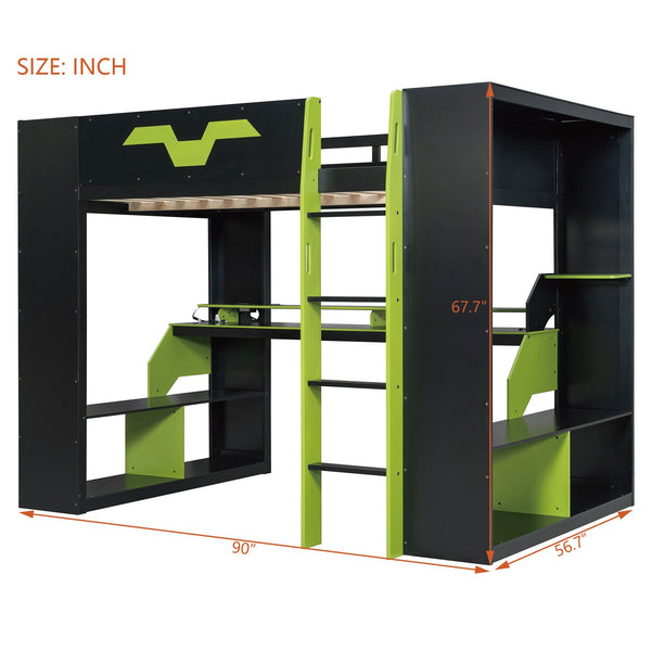 English Elm Full Size Gaming Loft Bed with Rgb Lighting Built-in Desk and Usb Charging Ports Green LT000275AAF
