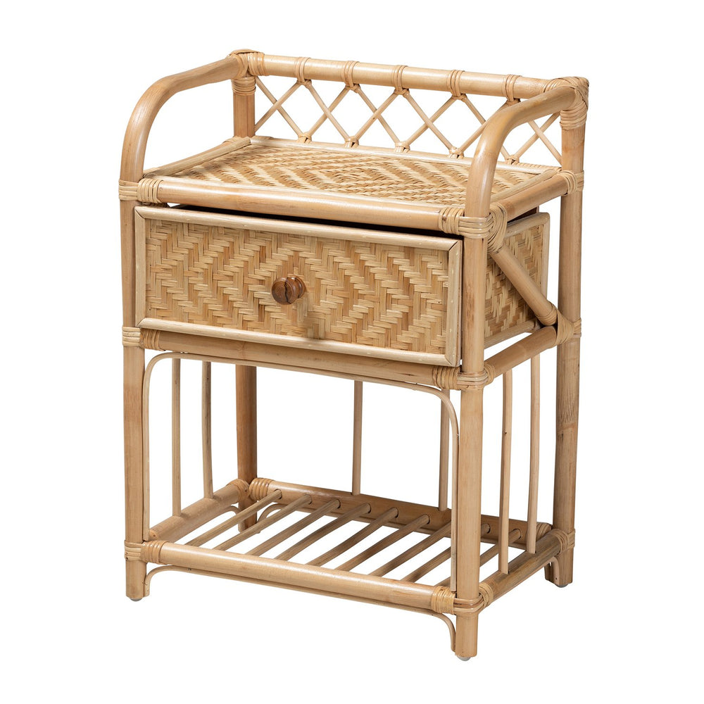 English Elm Modern Bohemian Rattan Woven Nightstand with Drawer and Open Shelf for Bedroom B2750P467647