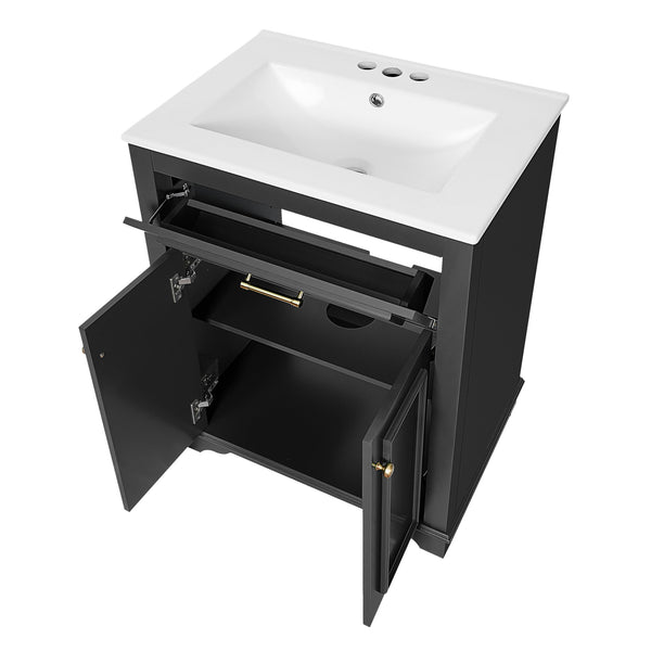English Elm 24" Matte Single Sink Vanity Solid Poplar Frame Gold Hardware Soft Close Cabinet Black N710P389449B