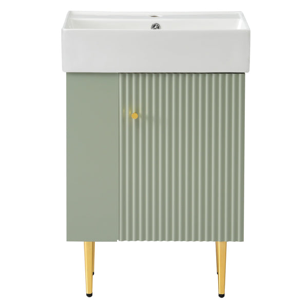 English Elm 21.6" Green Bathroom Vanity with Ceramic Sink, Left Side Storage, Gold Legs, Soft-Close, Modern Finish SV000007AAF