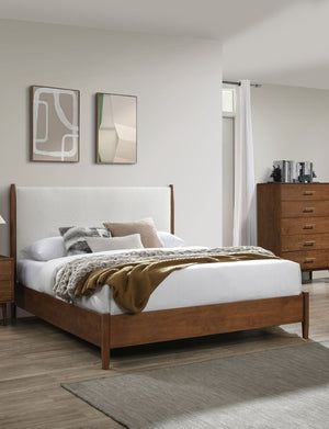 English Elm Walnut 3-Piece Mid-Century Modern Bedroom Set - Queen Bed & 2 Nightstands In Elegant Beige Upholstery B2741S00464-GIGA