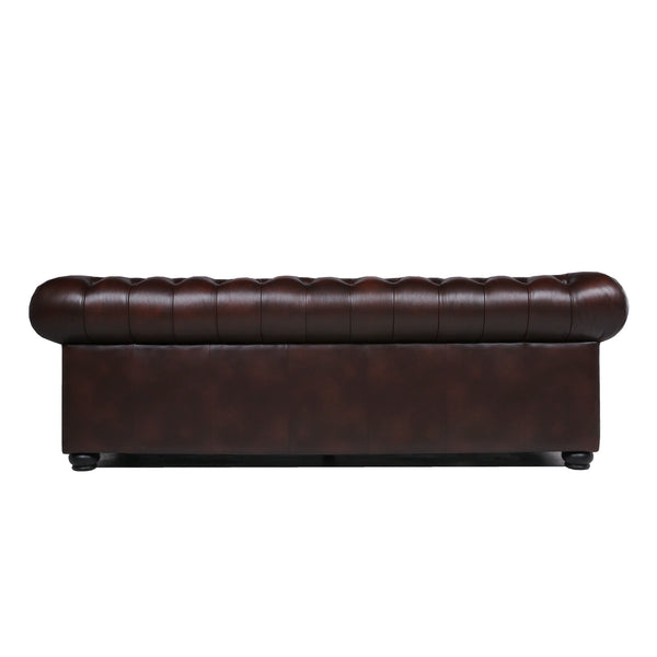 English Elm Traditional Tufted Leather Chesterfield Sofa with Feather-Down Cushions, Nailhead Trim & Wood Legs Brown B193P200145
