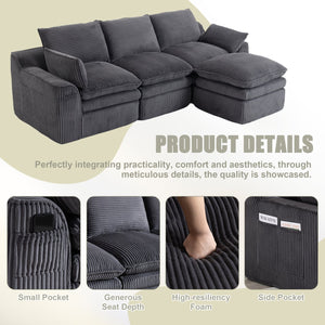 English Elm L Shaped Corduroy Modular Sectional with Cloud Cushions Footstool and Lumbar Pillows Gray W395S00140