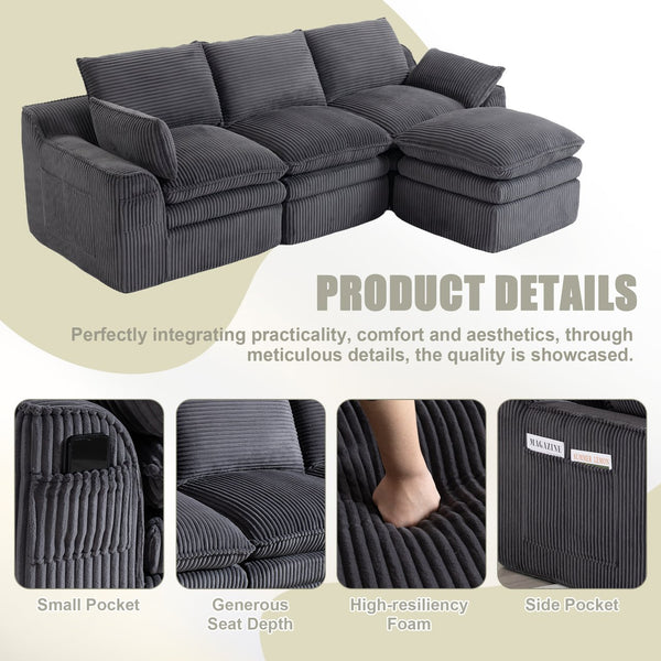 English Elm L Shaped Corduroy Modular Sectional with Cloud Cushions Footstool and Lumbar Pillows Gray W395S00140