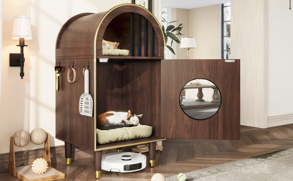 English Elm Cat Litter Box Enclosure Two Level Mdf Condo with Wood Grain Modern Espresso Finish N704P380552P