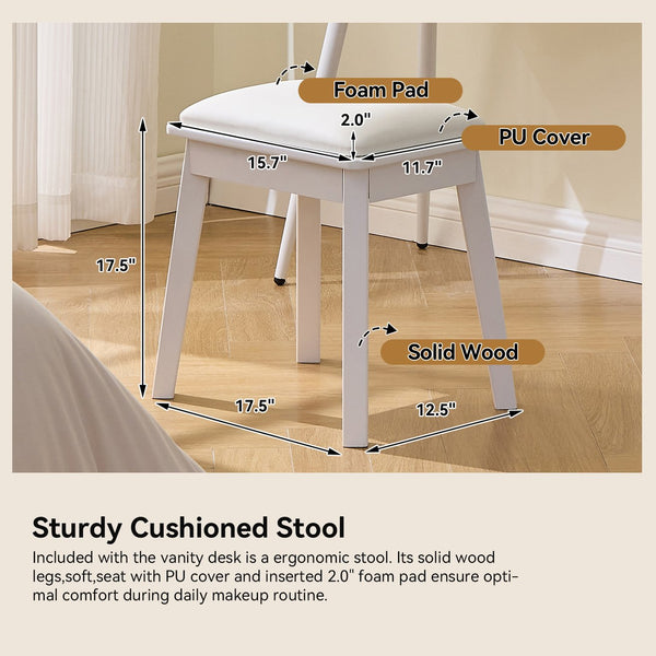 English Elm Modern Makeup Vanity Desk with Slide-Out Cabinet, LED Mirror, 4 Soft-Close Drawers & Cushioned Stool White N844P257529A