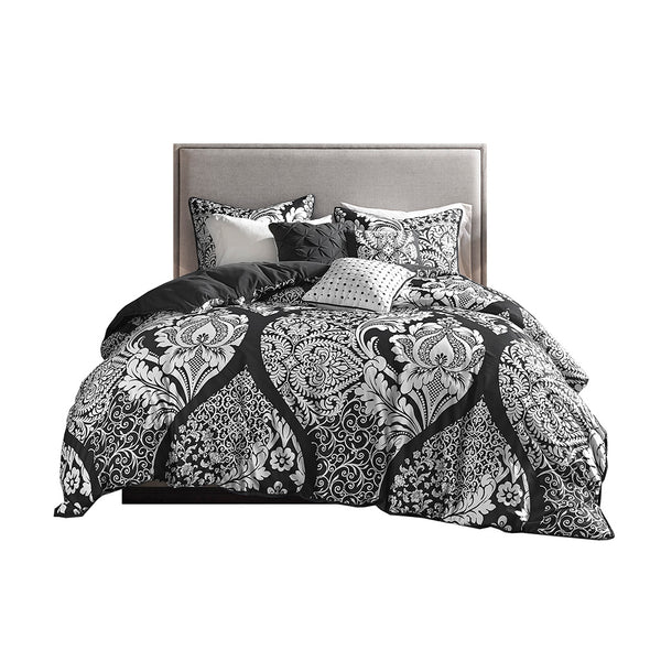 JLA Home Madison Park - 6 Madison Park Vienna Duvet Cover Set – 100% Cotton Sateen Damask Design with Pillows, Button Closure, OEKO‑TEX Certified Black MP12-7957