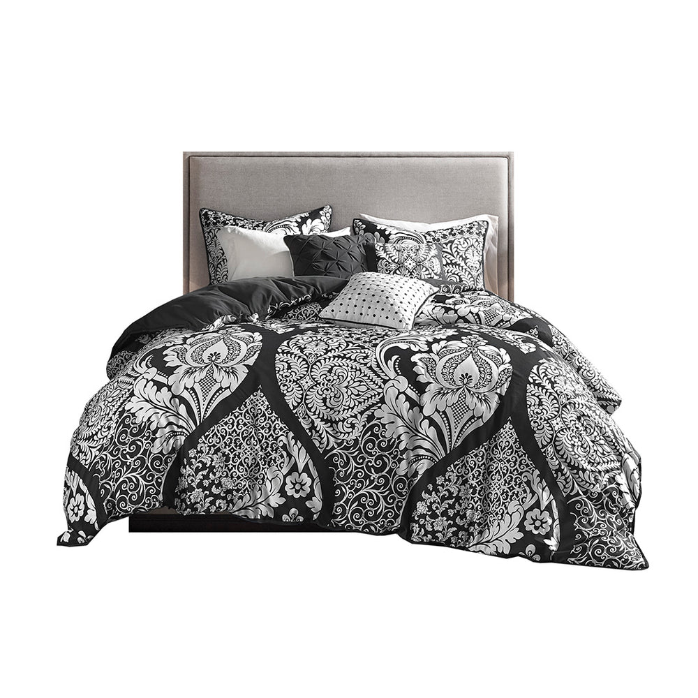 JLA Home Madison Park - 6 Piece Printed Duvet Cover Set Madison Park Vienna — 100% Cotton Sateen Damask with Pillows, OEKO‑TEX Certified Black MP12-7956