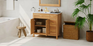 English Elm 36" Wood Bathroom Vanity with Solid Frame, Gold Handles, 3 Soft-Close Drawers & 2 Doors, Spacious Countertop N729P204176N