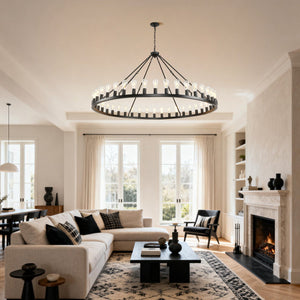 English Elm 64 Inch Wagon Wheel Chandelier 42 Light Matte Black Farmhouse Pendant for Vaulted Rooms W5008P389353