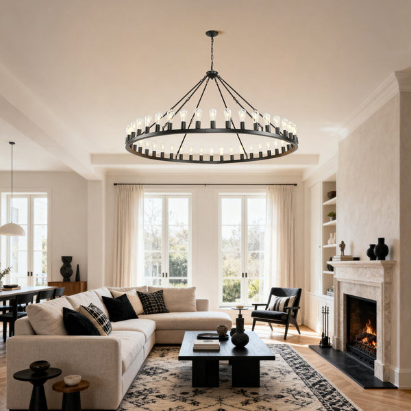 English Elm 64 Inch Wagon Wheel Chandelier 42 Light Matte Black Farmhouse Pendant for Vaulted Rooms W5008P389353