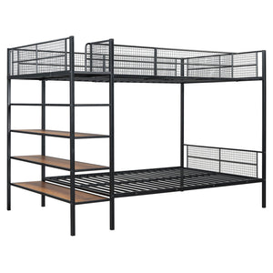 English Elm Twin Twin Over Full Metal Bunk Bed with 5-Tier Staircase Shelves, Space-Saving Storage & Wood Accents Black SF000175AAB