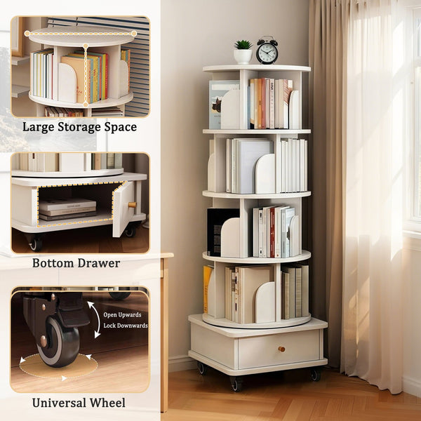 English Elm 5 Tier Rotating Bookshelf with 360° Spin, Locking Wheels, Stable Base & Drawer Storage for Home W3204P309488