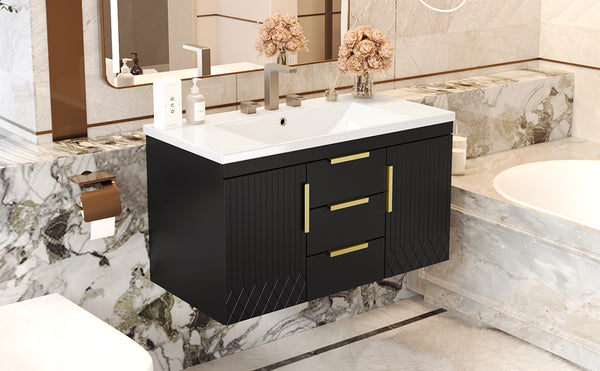 English Elm 36'' Wall Mounted Bathroom Vanity with Sink, Floating MDF Cabinet, 2 Drawers, Rust-Resistant Handles Black N710P253035B