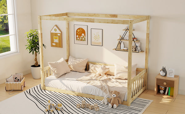 English Elm Twin Canopy Floor Bed Rubberwood Frame with Fence Guardrails for Kids Bedroom Natural W504P351804