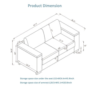 English Elm 67.7" Modern Loveseat Sofa with Cup Holders and Hidden Storage, Polyester Upholstery, Solid Wood Frame Blue W1097S00194