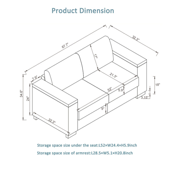 English Elm 67.7" Modern Loveseat Sofa with Cup Holders and Hidden Storage, Polyester Upholstery, Solid Wood Frame Blue W1097S00194