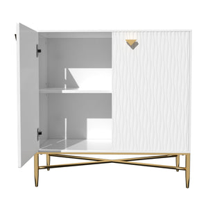 English Elm 2 Door White Locker Accent Cabinet with Gold Spindle Legs, Diamond Ripple Doors, Adjustable Shelves, Modern Storage Elegance T3609P347437