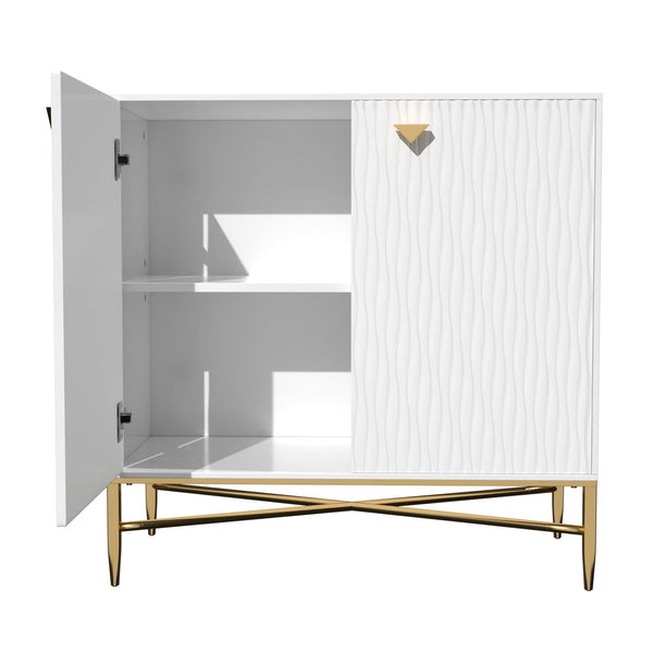 English Elm 2 Door White Locker Accent Cabinet with Gold Spindle Legs, Diamond Ripple Doors, Adjustable Shelves, Modern Storage Elegance T3609P347437
