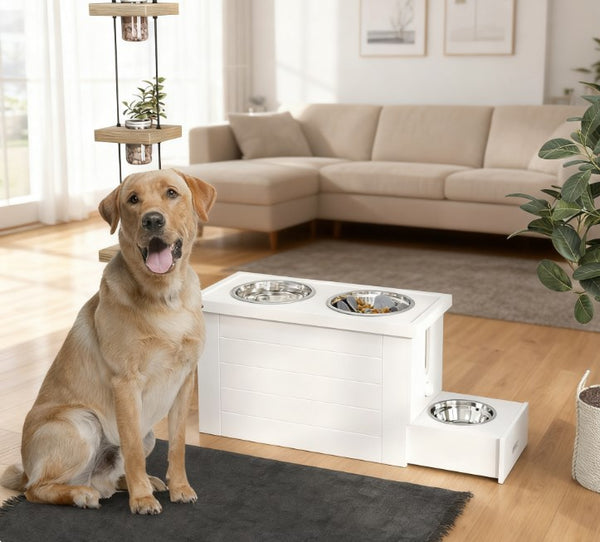 English Elm Pet Feeder Station with Mdf Storage Cabinet and Raised Stainless Steel Bowls for Large Dogs T3971P412260
