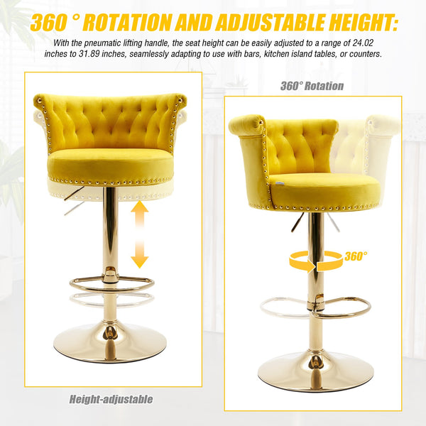 English Elm UNITED Velvet 360° Rotating Bar Chair with Diamond Stitching, Gold Frame, Plush Foam Seat, Adjustable Height Yellow W1568P361719