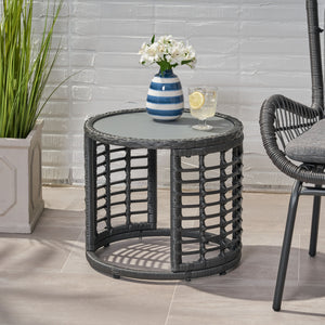 English Elm Christopher Knight Home® - TATIANA Side Table Rattan Accent with Sleek Round Profile, Durable Woven Texture, Compact Design Grey 66027.00GRY