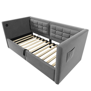 English Elm Upholstered Twin Daybed with Hydraulic Storage, Velvet Tufted Sofa Back, USB & Type-C Charging Port Gray N736P303402G