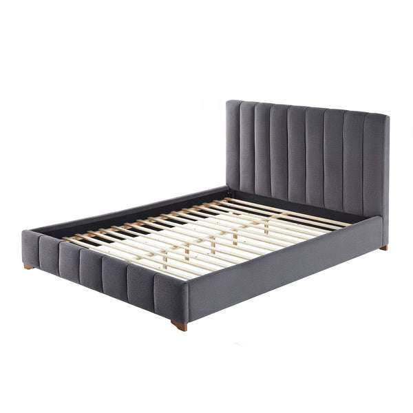 English Elm Full Queen Platform Bed Wingback Upholstered Frame Channel Tufted Fabric Headboard W2582S00059
