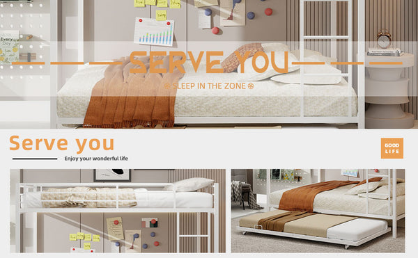 English Elm Durable Iron Bunk Bed With Trundle And Safety Rails, Modern Design For Kids & Guests, Easy Assembly W1935P360863