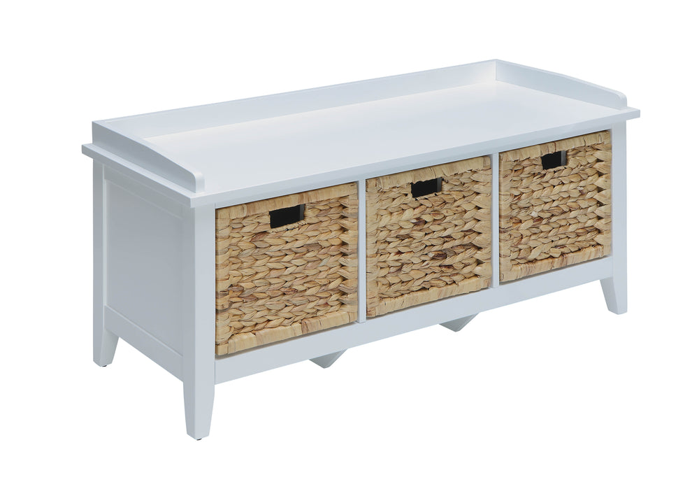 English Elm Flavius Rattan Storage Bench with 3 Drawers & Wooden Seat — Transitional White Finish, Durable Design B2726P305708