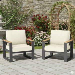 English Elm Set of 2 Powder-coated Aluminum Outdoor Armchairs with Ergonomic Reclined Cushioned Seats Beige+Black B082P455136