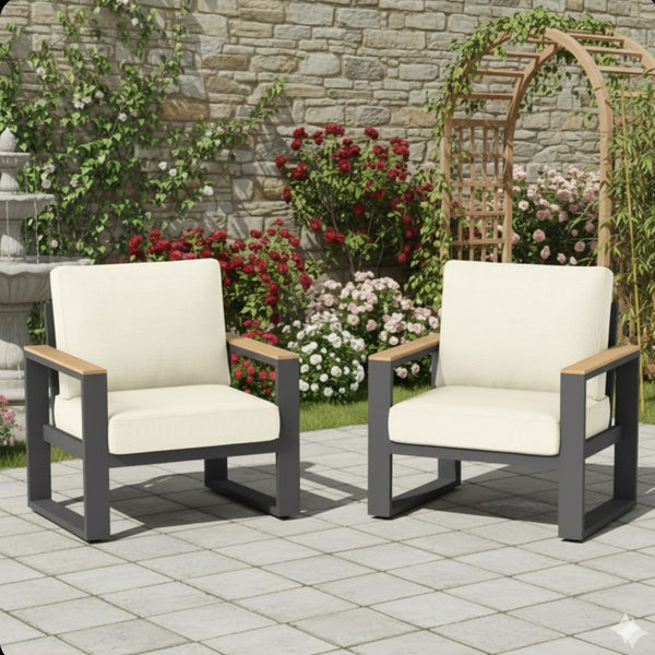 English Elm Set of 2 Powder-coated Aluminum Outdoor Armchairs with Ergonomic Reclined Cushioned Seats Beige+Black B082P455136