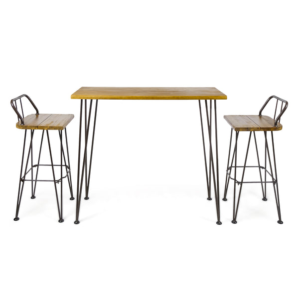 English Elm Christopher Knight Home® - DENALI Industrial Teak Acacia Wood & Rustic Metal Outdoor Bar Set — 3-Piece Patio Table & Stools 61326.00